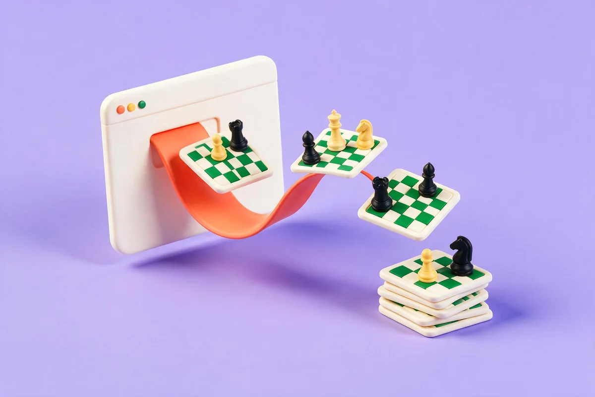 Game cards gliding out of a browser window along a ribbon into a tidy stack