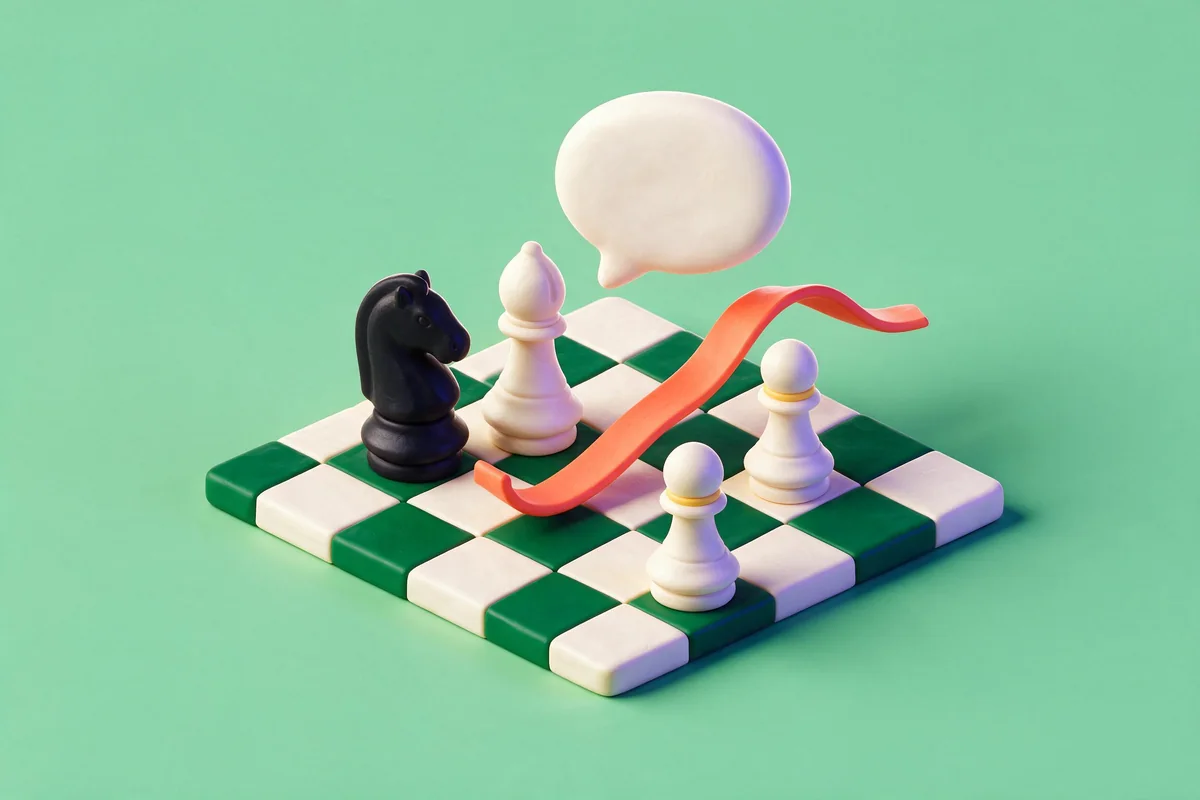 A ribbon flowing across a chessboard, a speech bubble rising from the key square